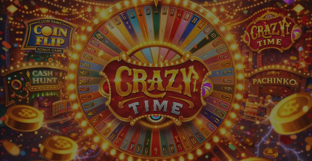 Roata Crazy Time cu cele patru jocuri bonus: Coin Flip, Cash Hunt, Pachinko și Crazy Time