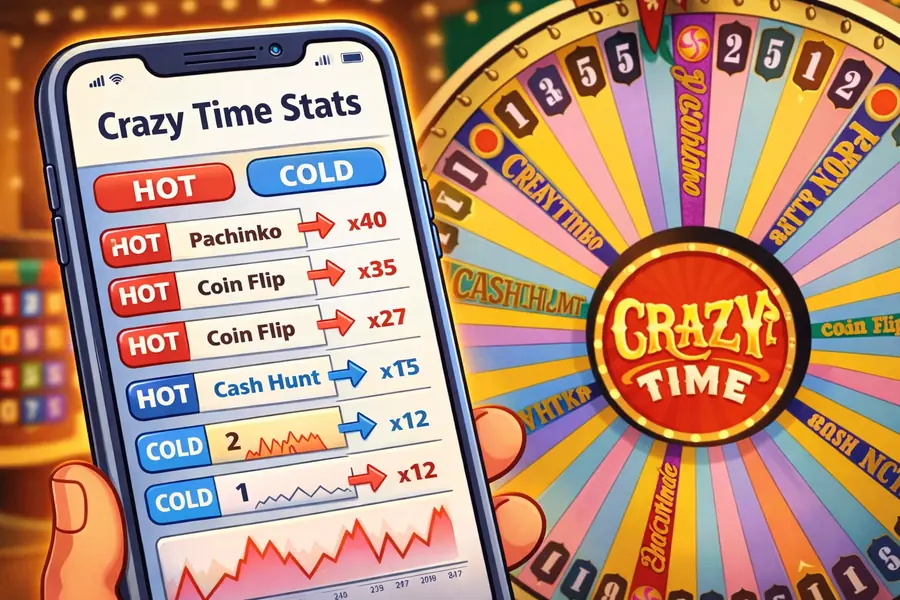 Statistici Crazy Time afișate pe telefon lângă roata jocului live